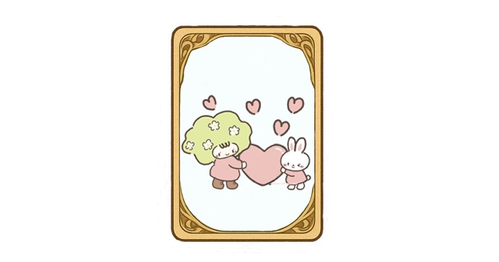 ばいかもちゃんと仲間がハートを持つ、やさしさをテーマにしたオラクルカードイラスト